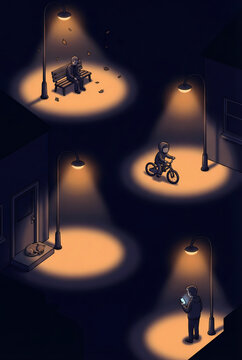Urban Isolation Concept Illustration, Lonely People Under Street Lights at Night, Minimalist Emotional City Scene Digital Artwork