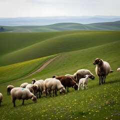 Fototapeta premium Sheep Grazing on Lush Green Hills - A Pastoral Scene.