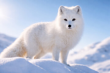 Obraz premium Arctic fox standing on snow in bright winter sunlight