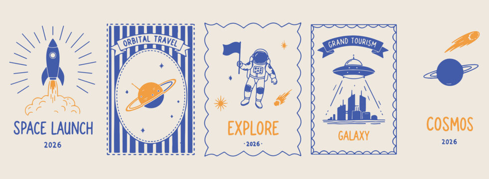 Space Explore Astronaut Stamp, Universe Discovery Travel Badge, Outer Space Mission Graphics, Vintage Science Postage Design, Galaxy Exploration Retro Art, Astronomy Adventure Label Illustration, Futu