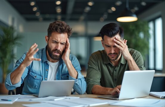Two men look stressed at laptops in office. One man gestures with hands, other holds head. They have work problems. Businessmen feel frustration and confusion at desk.