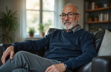 Fototapeta premium Elderly man with glasses relaxes on couch looking at camera. He has grey beard and wears blue sweater. Home interior with window and bookcase.