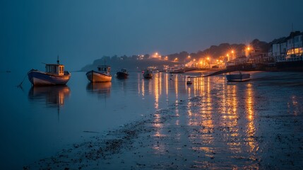 Fototapeta premium A serene coastal town at dusk with boats gently floating on calm waters reflecting vibrant city lights.