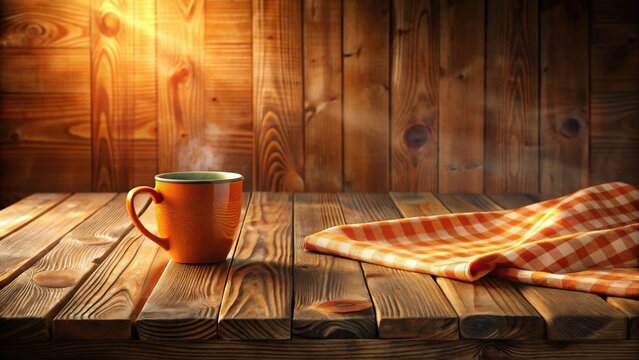 Warm Rustic Wooden Table Setting with a Steaming Mug and Checkered Napkin