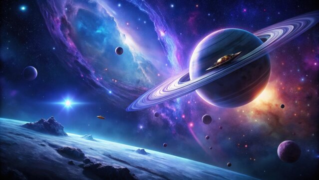 A cosmic vista showcasing a ringed planet, celestial bodies, and spacecraft navigating a vibrant nebula