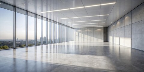 Obraz premium Vast Modern Office Space with Floor-to-Ceiling Windows and Concrete Walls Offering Panoramic Views
