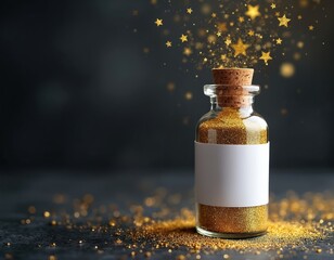 Fototapeta premium Glass bottle with cork stopper holds golden glitter. Stars spill out. Blank label area for text. Dark background with scattered sparkles. Celebrate event or holiday.
