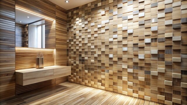 Serene wooden room interior with a contemporary design featuring a textured wall and built-in vanity