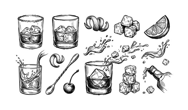Hand-drawn cocktail elements: glasses, ice cubes, citrus slices, and cocktail cherry