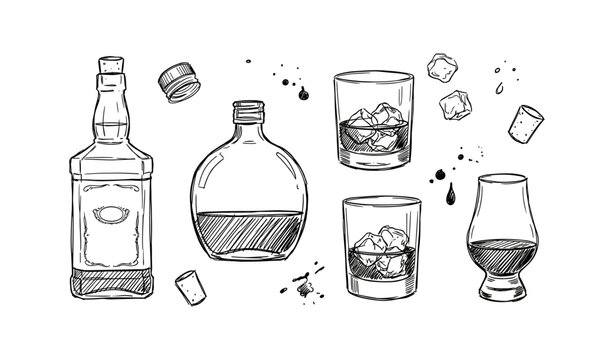 Hand-drawn whiskey bottles and glasses with ice cubes and corks