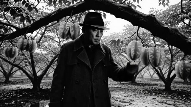 Black and white portrait of a man in a coat and hat standing in an orchard with star fruit.