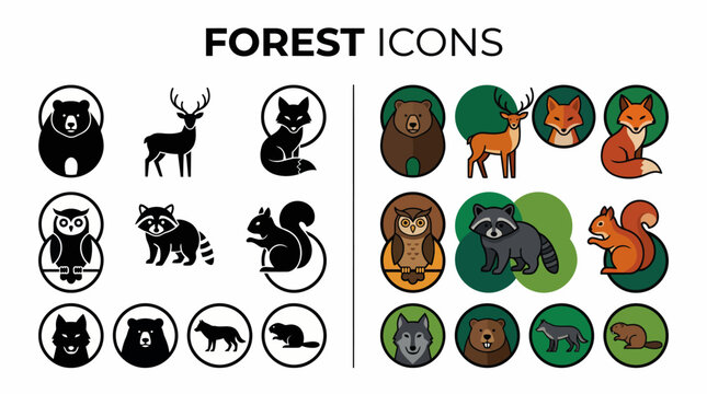 Collection of Stylized Forest Animal Icons for Nature-Themed Designs Bear, Deer, Fox, Owl, and Raccoon Silhouettes and Colorful Flat Illustrations