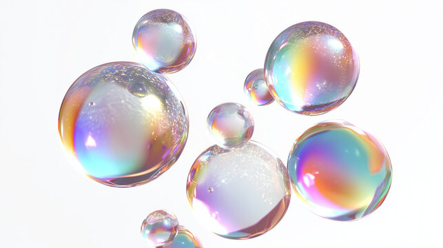 Iridescent bubbles floating in air with rainbow colors and reflections on surface