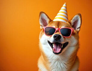 Fototapeta premium Shiba Inu dog wears party hat and sunglasses for celebration. Adorable pet smiles happily, ready for fun. Orange background adds vibrant energy to this cheerful pet portrait.
