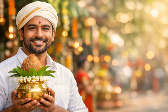 Man holding Kalash during Tamil New Year Puthandu and Vishu festival celebration.