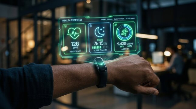 Person wearing a smartband displaying health overview with metrics and data