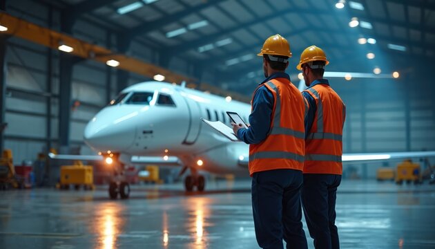 Two male aviation workers in safety vests and helmets check airplane data on tablet and papers in hangar. Professionals ready for aircraft maintenance and inspection.