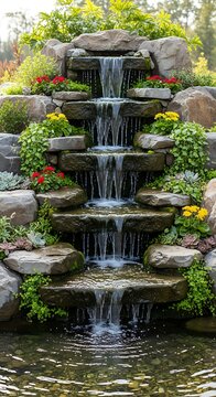 Serene Waterfall Cascading Down Rocky Steps in Lush Garden.