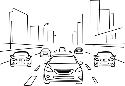 Cars Driving on Highway with Cityscape Background Line Art Style Perspective View