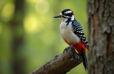 Fototapeta premium Great spotted woodpecker sits on a branch in a forest. Bird has white black and red feathers. Green blurry background. Wild nature close up.