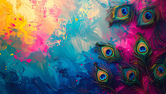 Vibrant Holi background with peacock feather motifs luminous powder colors spiritual Indian celebration backdrop for greeting invitation banner wallpaper festive digital art