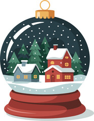 Obraz premium Snow Globe Scene with Houses and Pine Trees Cozy Winter Village Illustration Flat Design Style