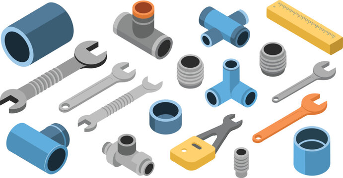 Isometric plumbing tools and pipe fittings set with wrenches, connectors and measuring tools, industrial equipment illustration isolated on white background