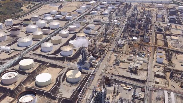 Aerial view of Ashdod Oil Refinery and industrial energy complex Israel. Fuel reservoirs And Ashdod Harbor, Israel 