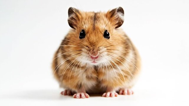 Close-up portrait of a cute golden hamster with expressive eyes, white background.