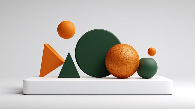 Abstract composition featuring geometric shapes in complementary colors balanced upon a white pedestal