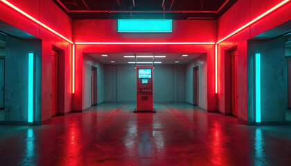 Fototapeta premium An empty underground parking entry with neon lights. A payment machine sits center stage reflecting red and teal glow on wet floor. Modern urban architecture.