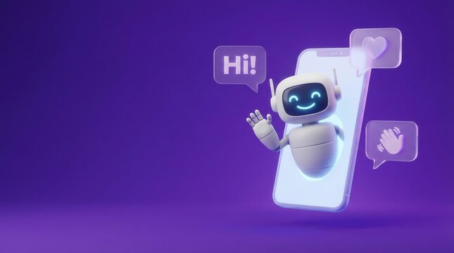 AI agent chatbot concept with friendly robot emerging from smartphone, 3D render. Customer support automation and virtual assistant for mobile technology.