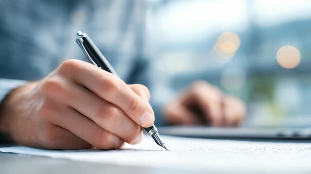 A hand holds a pen and writes on a sheet of paper, suggesting note taking or signing documents in a professional environment. The scene highlights business, education, and planning themes