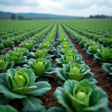 Vast green field of cabbage plants. Rows of healthy, fresh vegetables grow in rich soil. This agricultural landscape shows organic crop cultivation for food production.