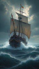Obraz premium Historic galleon ship sails on rough sea waves under cloudy sky. Maritime vessel navigates stormy ocean, battling harsh weather with full sails and dragon figurehead.