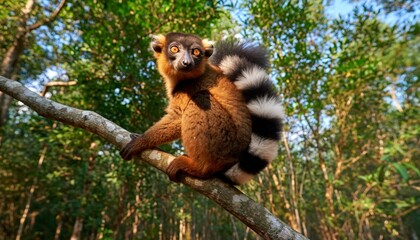 Obraz premium A brown lemur with a distinctive black and white striped tail sits on a tree branch in a sunlit forest, looking directly at the viewer.