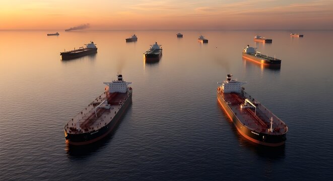 Aerial view of multiple oil tankers on calm sea during golden sunset, representing global oil supply disruption and energy market instability.