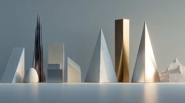 Collection of varied geometric solids arranged on a reflective surface under soft illumination