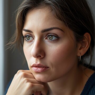 Young woman deep in thought with natural light portrait close-up