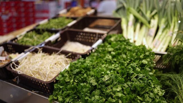 Close up of fresh green herbs and sprouts on a supermarket shelf. Variety of organic parsley, leek and bean sprout in baskets at a grocery store. Healthy nutrition and raw ingredient concept.