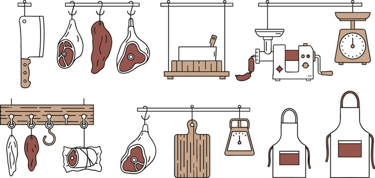 Butcher shop and meat processing equipment set with hanging cuts grinder scale knives and kitchen tools flat vector illustration collection