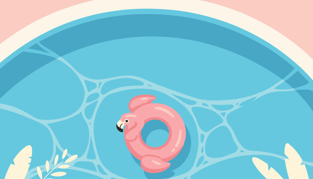 Swimming pool with inflatable flamingo float summer leisure scene