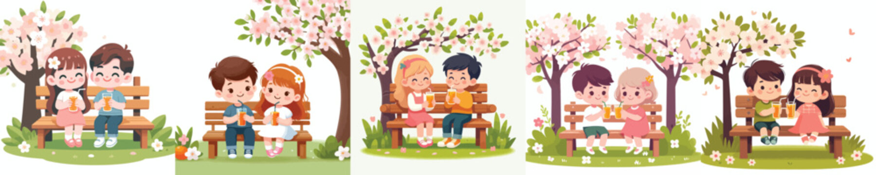 vector of children sitting together on a park bench drinking orange juice in spring