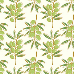 Fototapeta premium seamless hand-drawn olive branch pattern for organic food packaging, mediterranean kitchen decor and eco-friendly textile design
