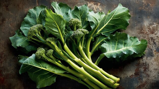 A bunch of fresh broccoli on a rustic wooden surface