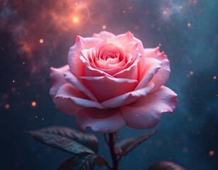 Fototapeta premium Pink rose flower glows in cosmic nebula background. Delicate petals sparkle with dew drops. Celestial beauty floats in deep space under faint starlight.