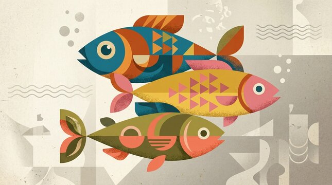 Colorful geometric fish art set and aquatic background illustration
