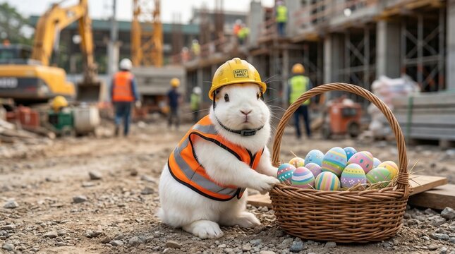 Funny white rabbit in safety vest and helmet at construction site with colorful Easter eggs, playful holiday concept