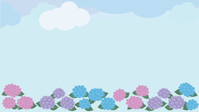 紫陽花と雲の16:9フレーム背景 ベクター（梅雨・空・コピースペース）動画・プレゼン・バナー用横長デザイン素材