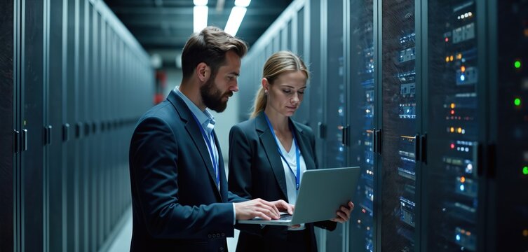 Man and woman in suits check server racks with laptop. IT specialists work in data center. Tech team manages computer hardware for cloud computing and network.